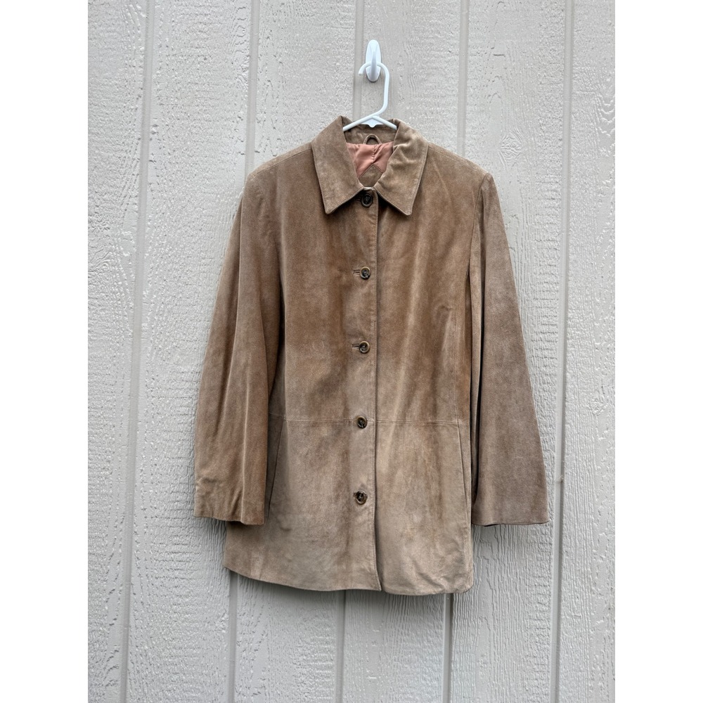 Valerie Stevens M Suede Leather Coat Tan Classic Minimalist Car Jacket